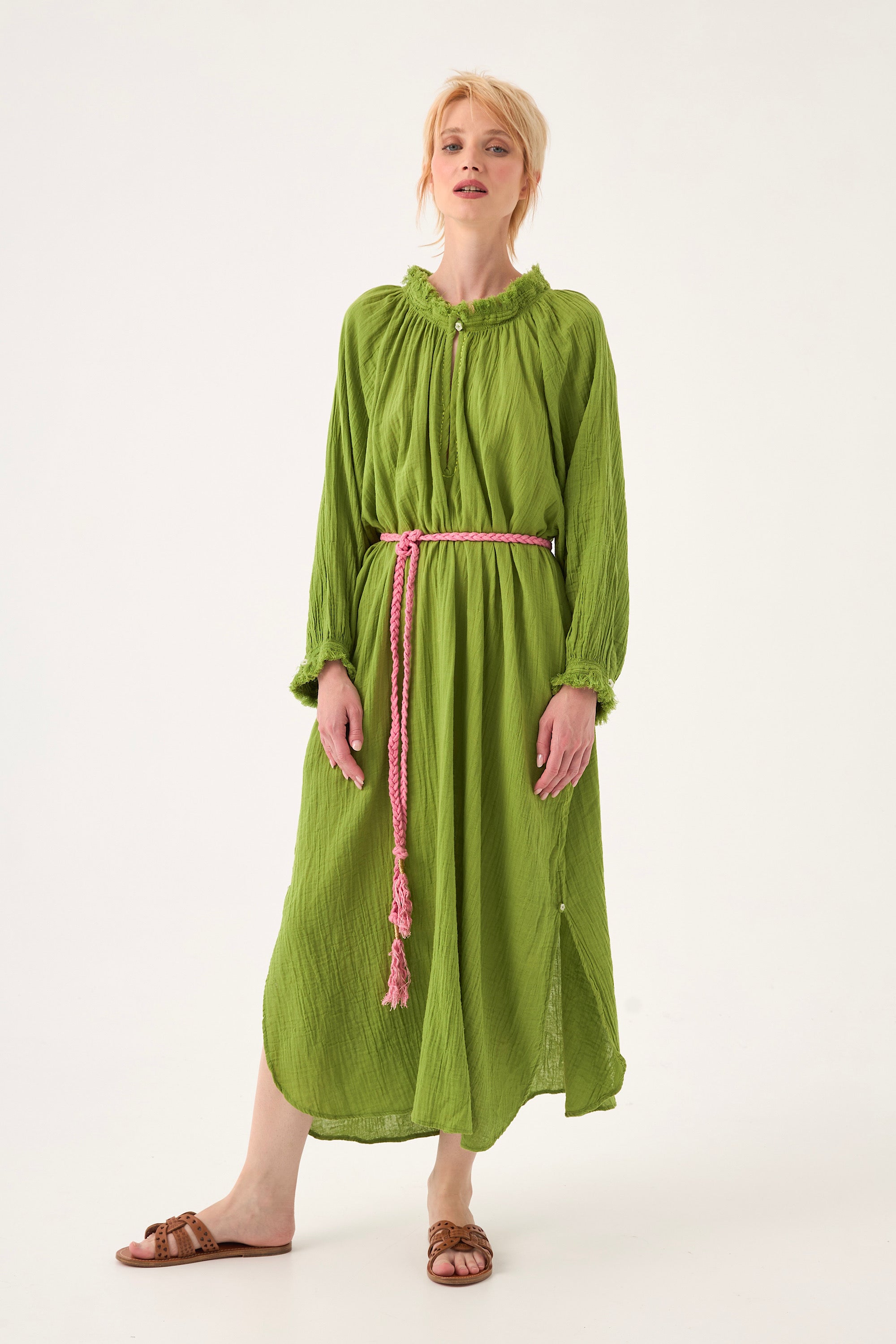 Chicosoleil Marigold robe longue vert péridot gaze coton