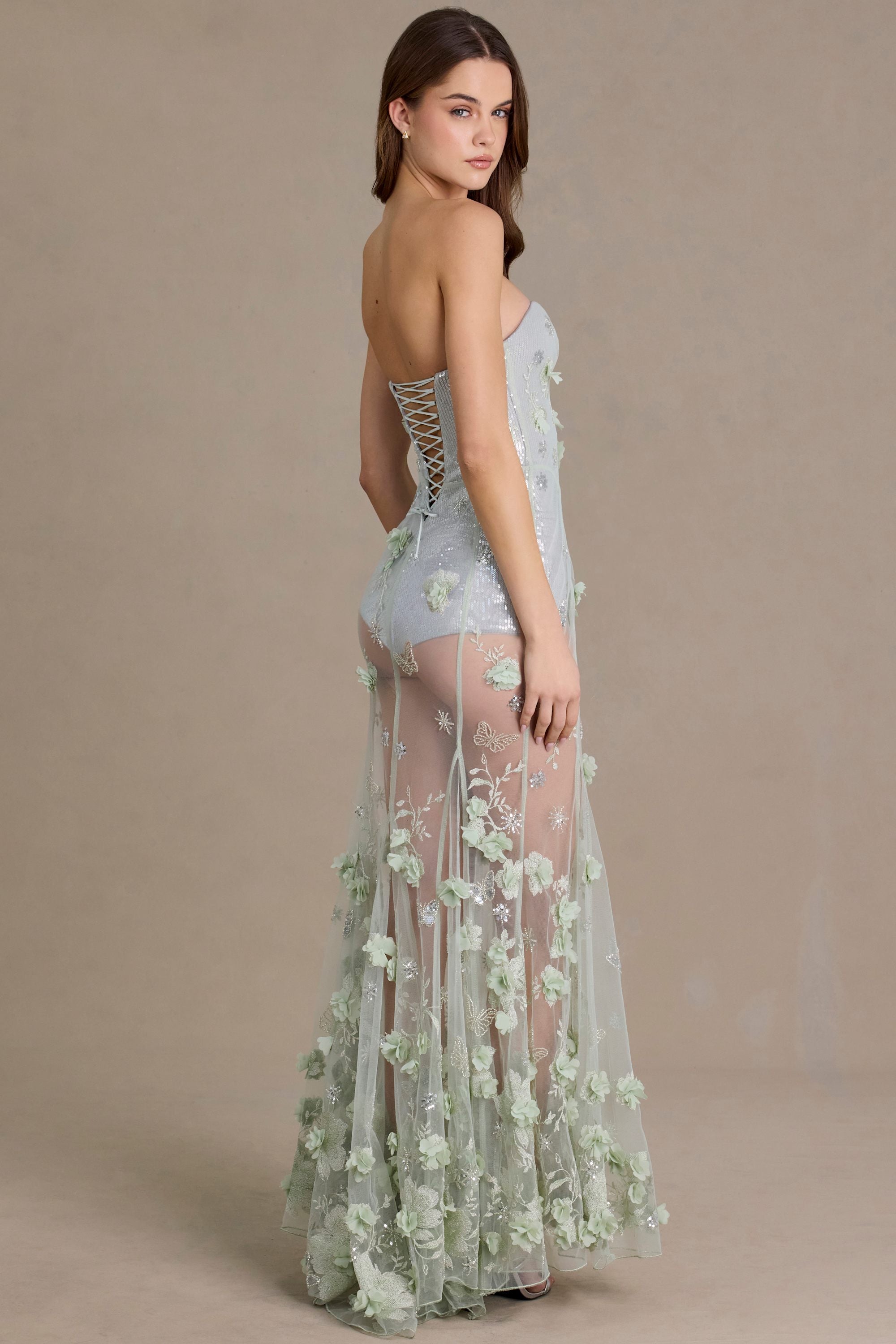 Oh Polly Embellished Robe Corset Tulle 15753 Vert Sauge