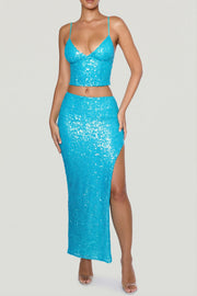 Oh Polly Embellished 10833 jupe longue turquoise sequins
