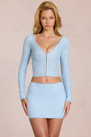 Oh Polly Odelia cardigan dentelle bleu poudre col plongeant
