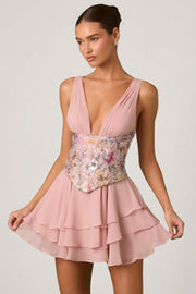 Oh Polly Embellished Sakura mini robe rose floral corset volants