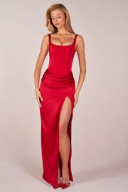 Oh Polly Marleigh 15691 Robe Maxi Rouge Corset Satin