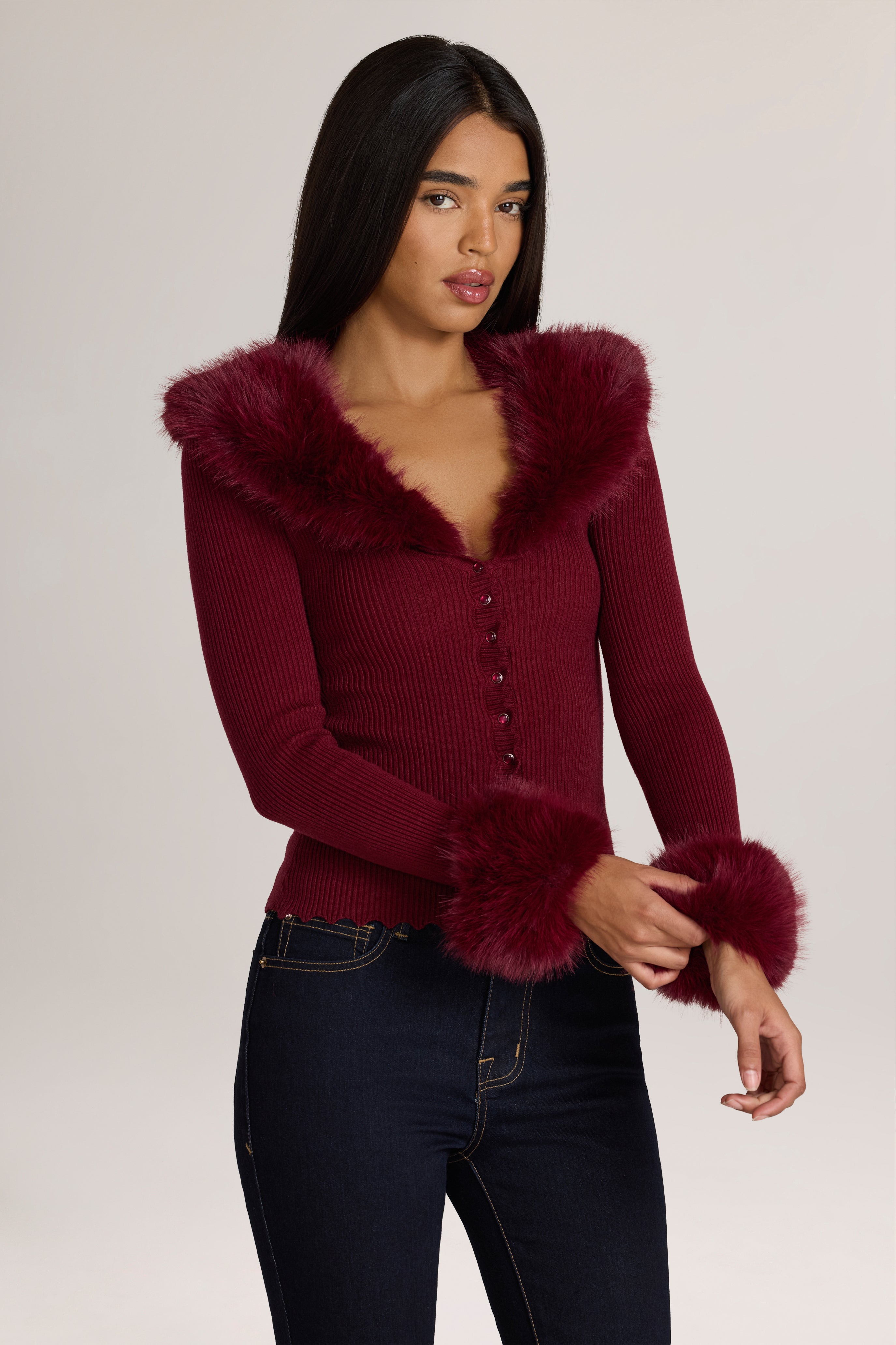 Oh Polly Lissie Cardigan Maille Bordeaux Col Fourrure