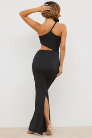 Oh Polly Kalina robe maxi noire jersey asymétrique fente