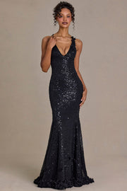 Oh Polly Embellished Plunge Gown robe noire sequins fleurs