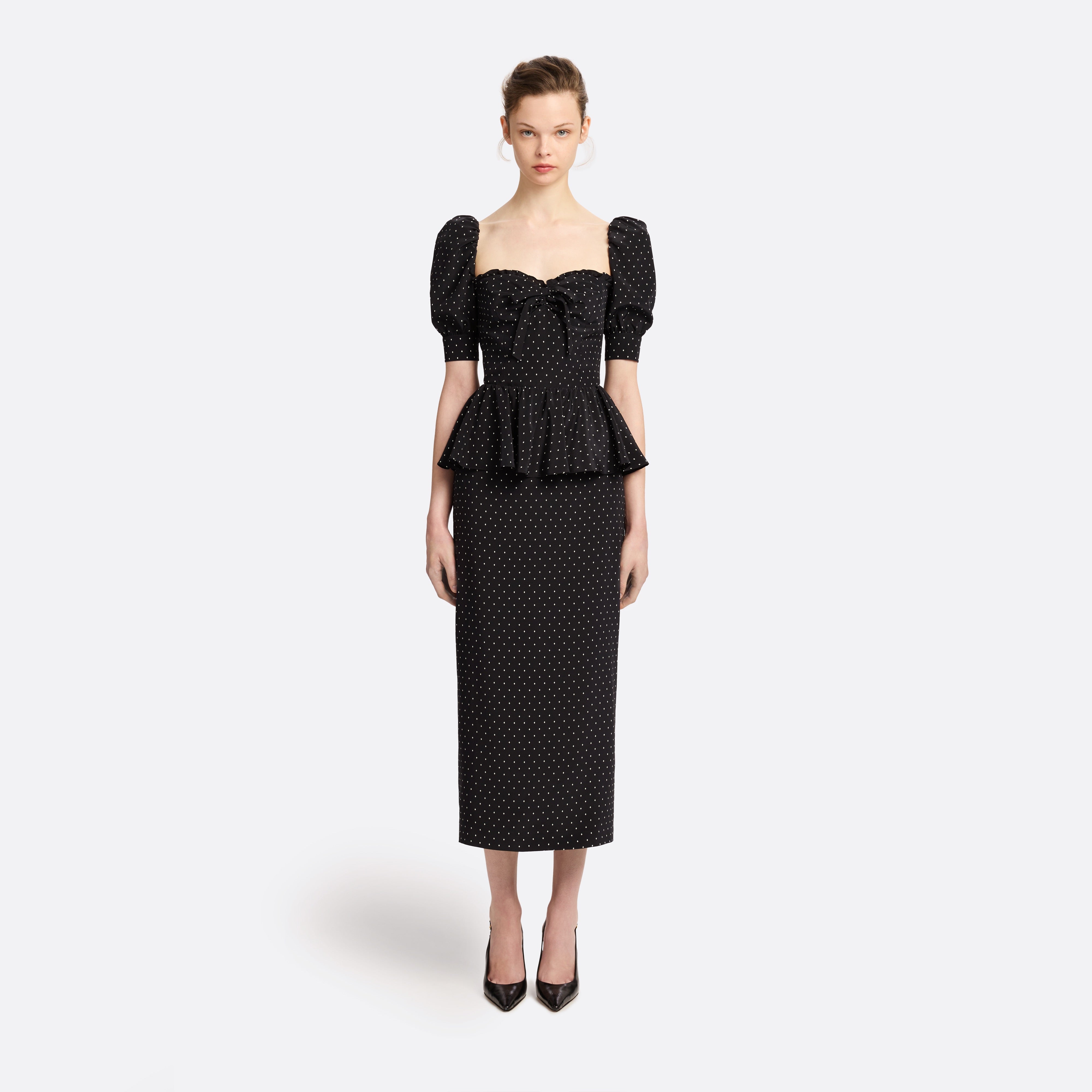 Alessandra Rich Silk Peplum Midi Dress robe noir-ivoire 36