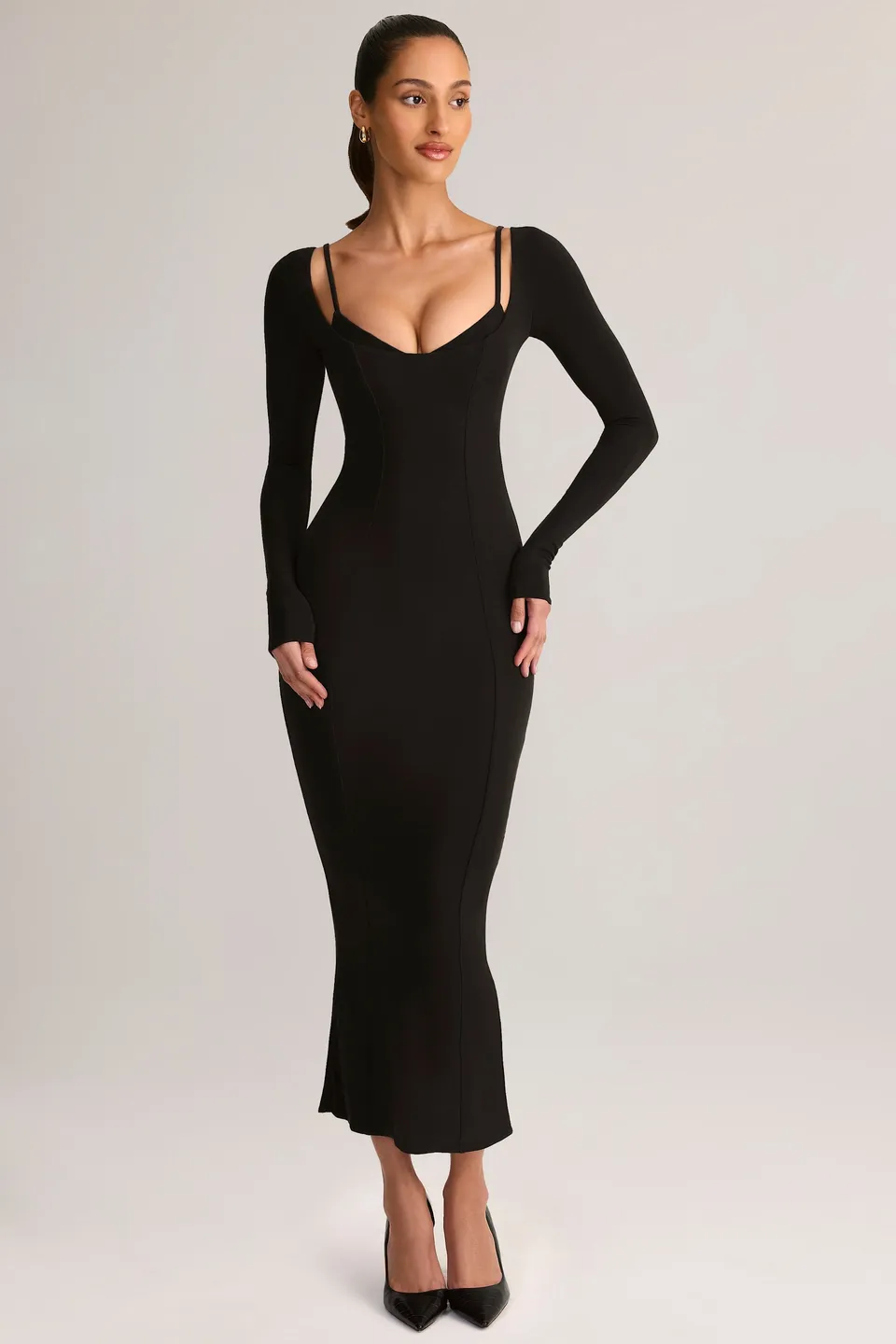 Oh Polly Dresses 15541 robe midi noire manches longues