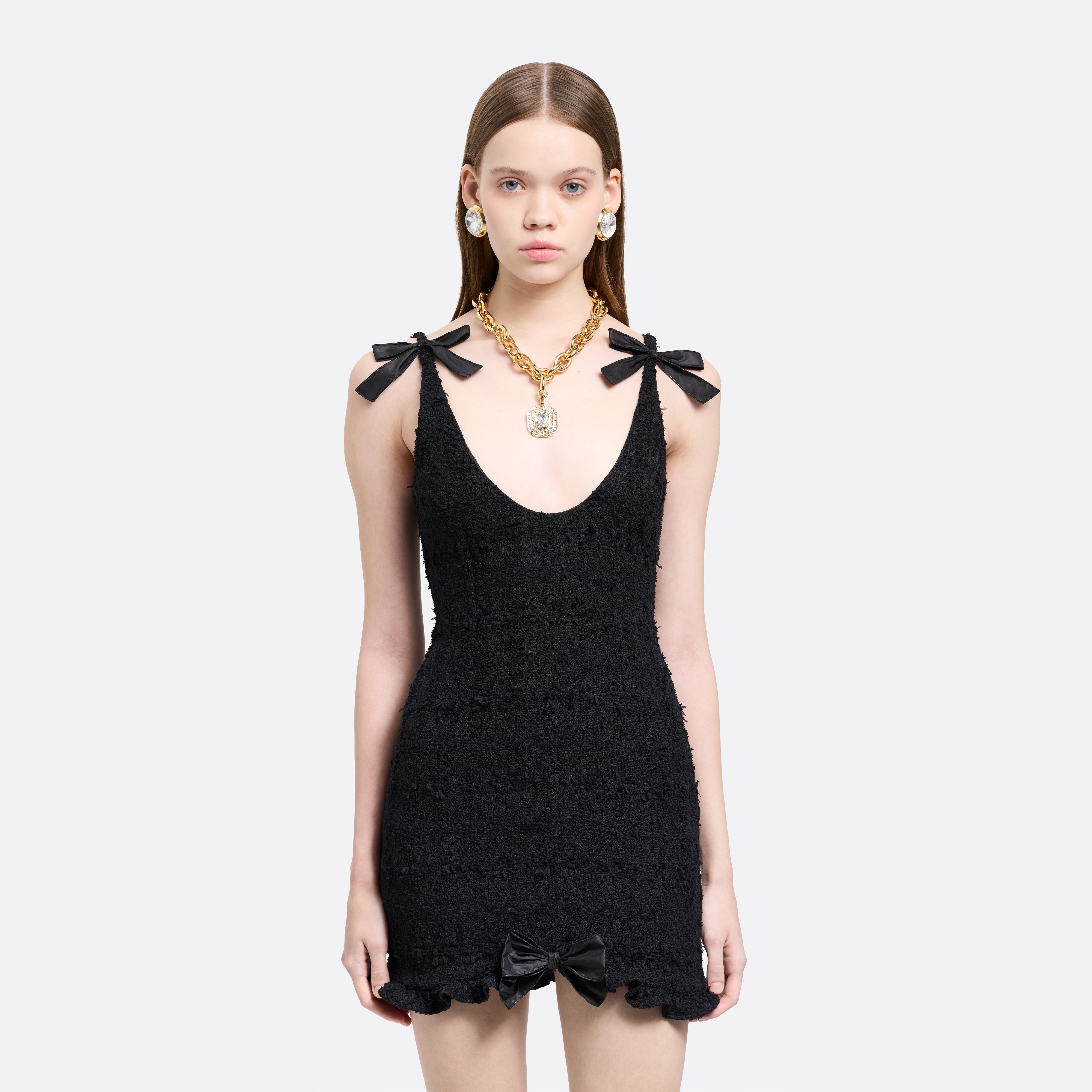 Alessandra Rich Check Tweed robe mini noire noeuds