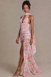 Oh Polly 15739 robe maxi rose fleurie strass foulard