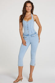 Oh Polly Romee combinaison jean capri denim clair stretch