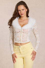 Oh Polly Solaya Cardigan dentelle Ivory col fourrure