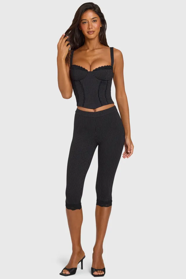 Oh Polly Amren legging capri ponte noir rayé dentelle