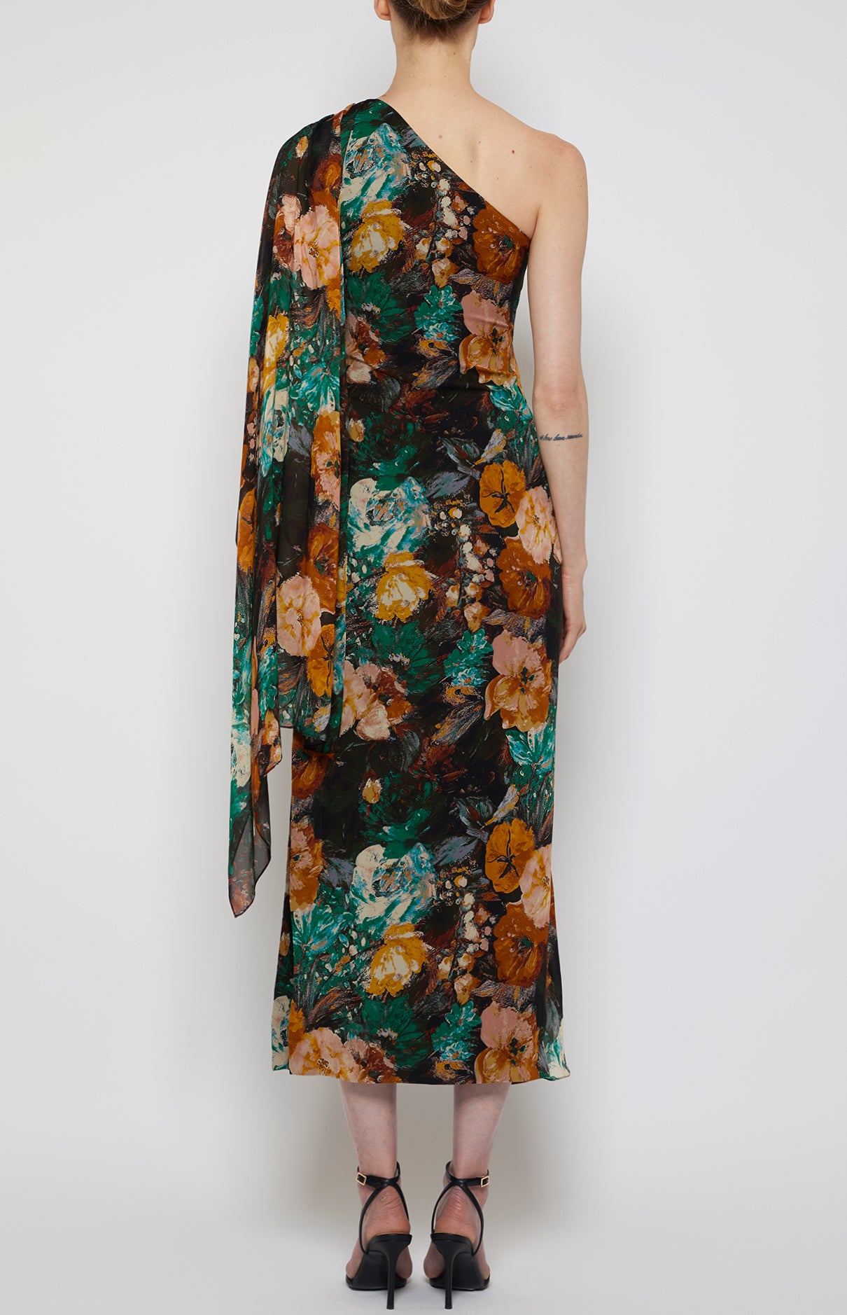 Prabal Gurung Sari Midi Dress robe vert jaune une épaule