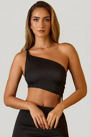 Oh Polly Brisa crop top noir asymétrique satin froncé