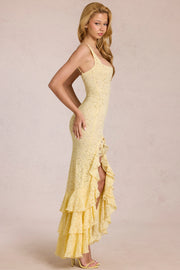 Oh Polly Dresses Celira 16130 robe maxi jaune dentelle fente volants