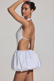 Oh Polly Cece Mini Robe Blanche Perles Dos Nu Bubble Hem