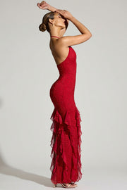 Oh Polly Embellished 8109 Robe Maxi Rouge Perles Col Licou