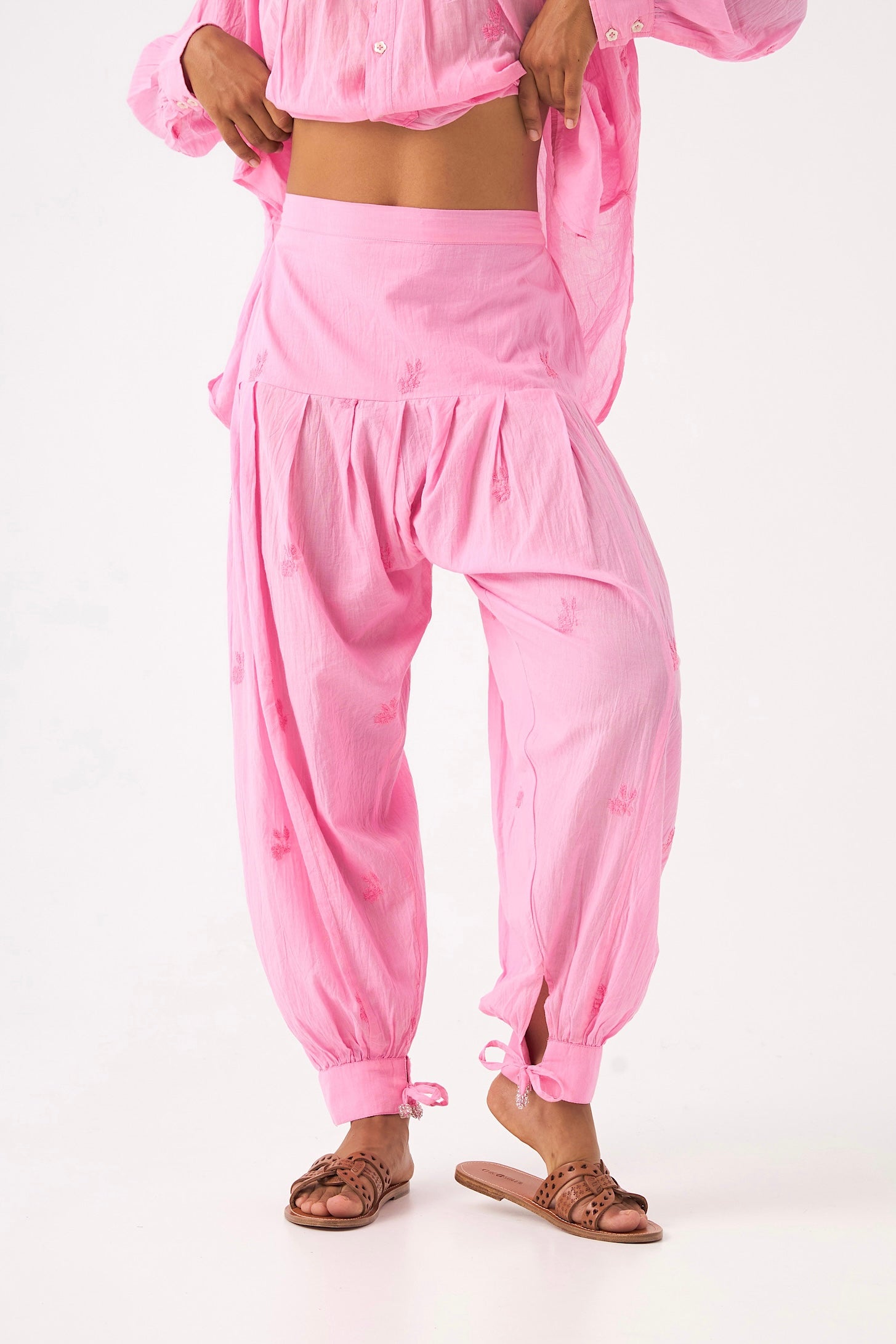 Chicosoleil Jasmin pantalon sarouel rose brodé coton