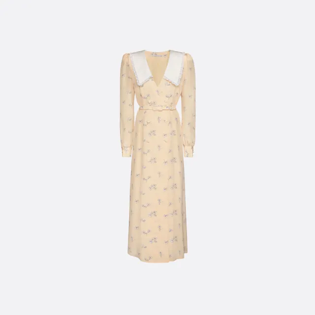 Alessandra Rich Silk Midi Dress with Collar robe midi jaune pâle soie