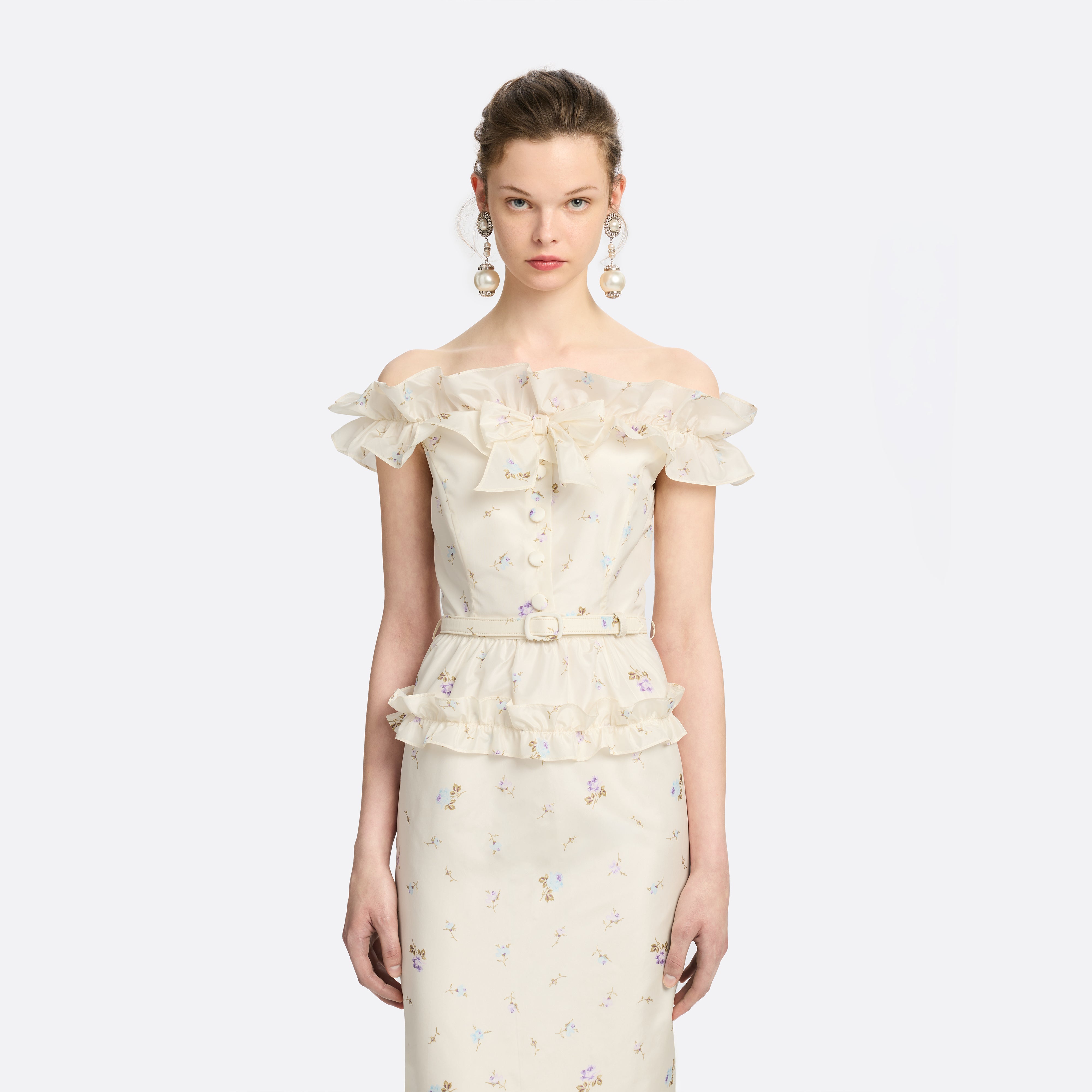 Alessandra Rich Floral Silk Taffeta Dress robe midi blanche fleurie