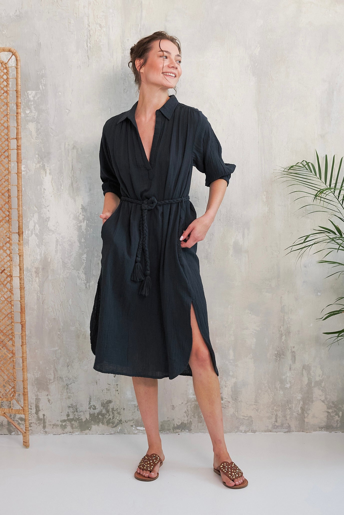 CHICOSOLEIL Sheri robe noir charcoal XS-XL gaze coton