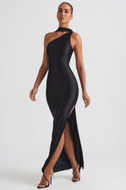 Oh Polly Sheril 13767 robe longue satin noir asymétrique