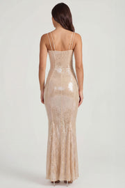 Oh Polly Sima robe longue pêche dentelle sequins