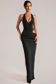 Oh Polly Deep Plunge Halterneck robe longue noire découpe
