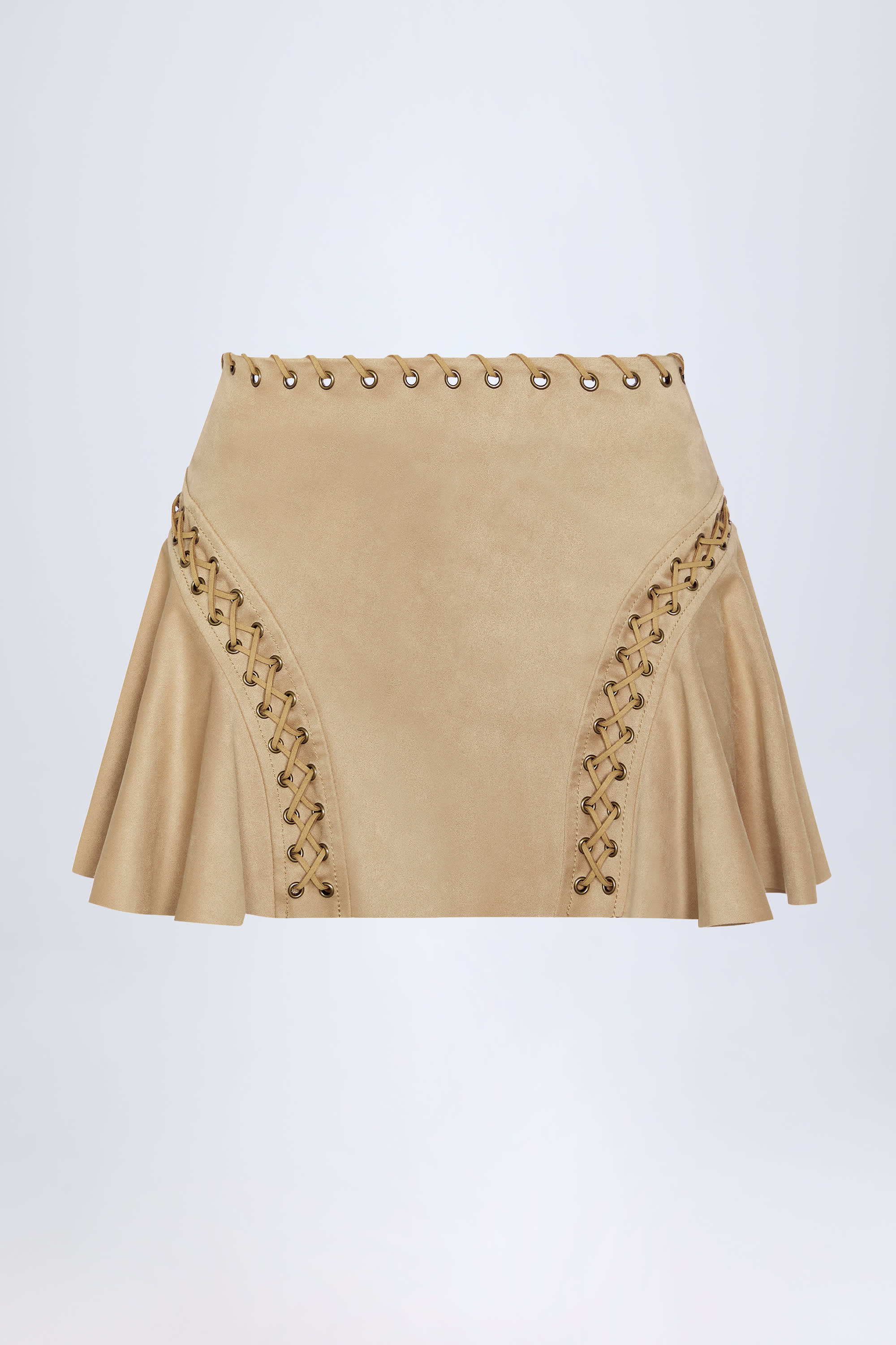 Oh Polly Jalsa Mini Jupe Camel Suédine Lacets Mi-Taille