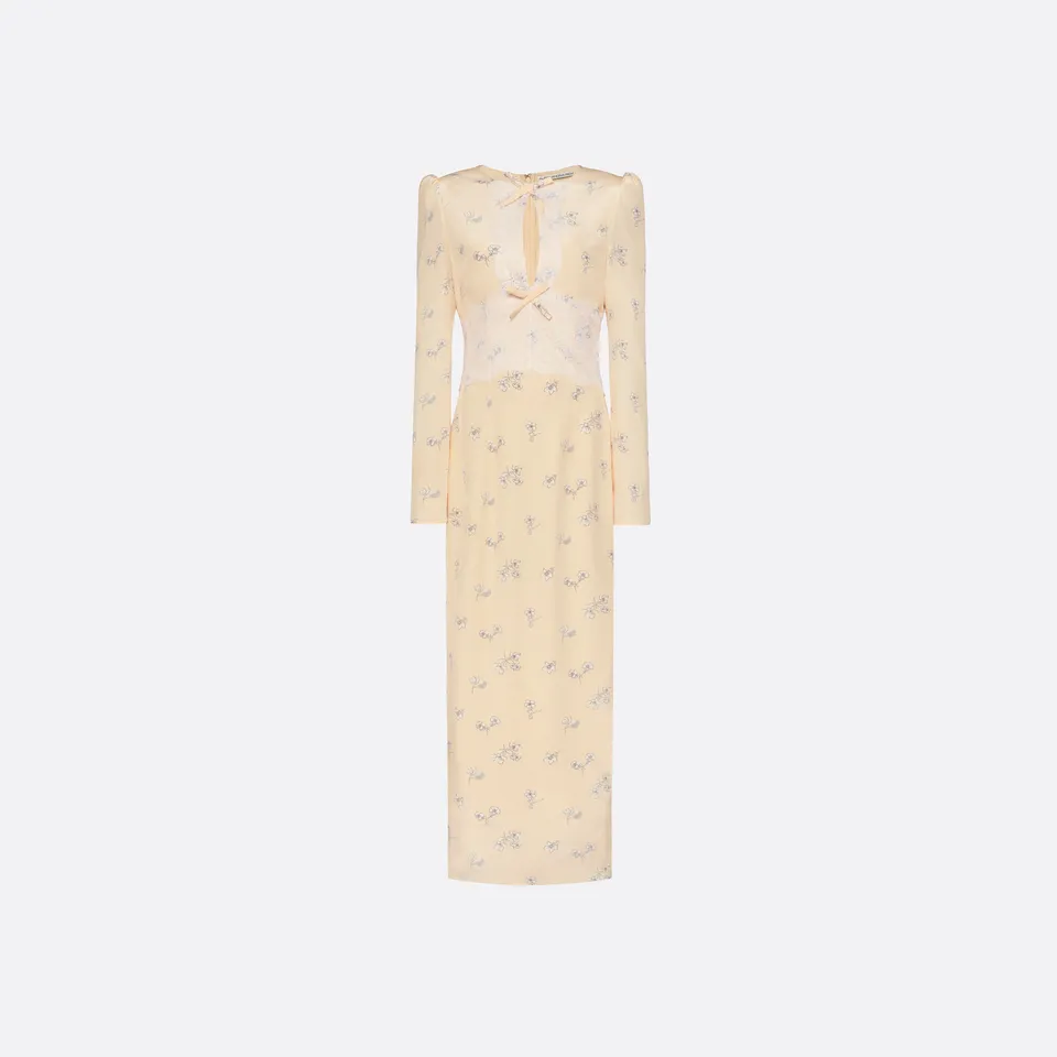 Alessandra Rich Silk Midi Dress With Lace Detail robe jaune pâle 40
