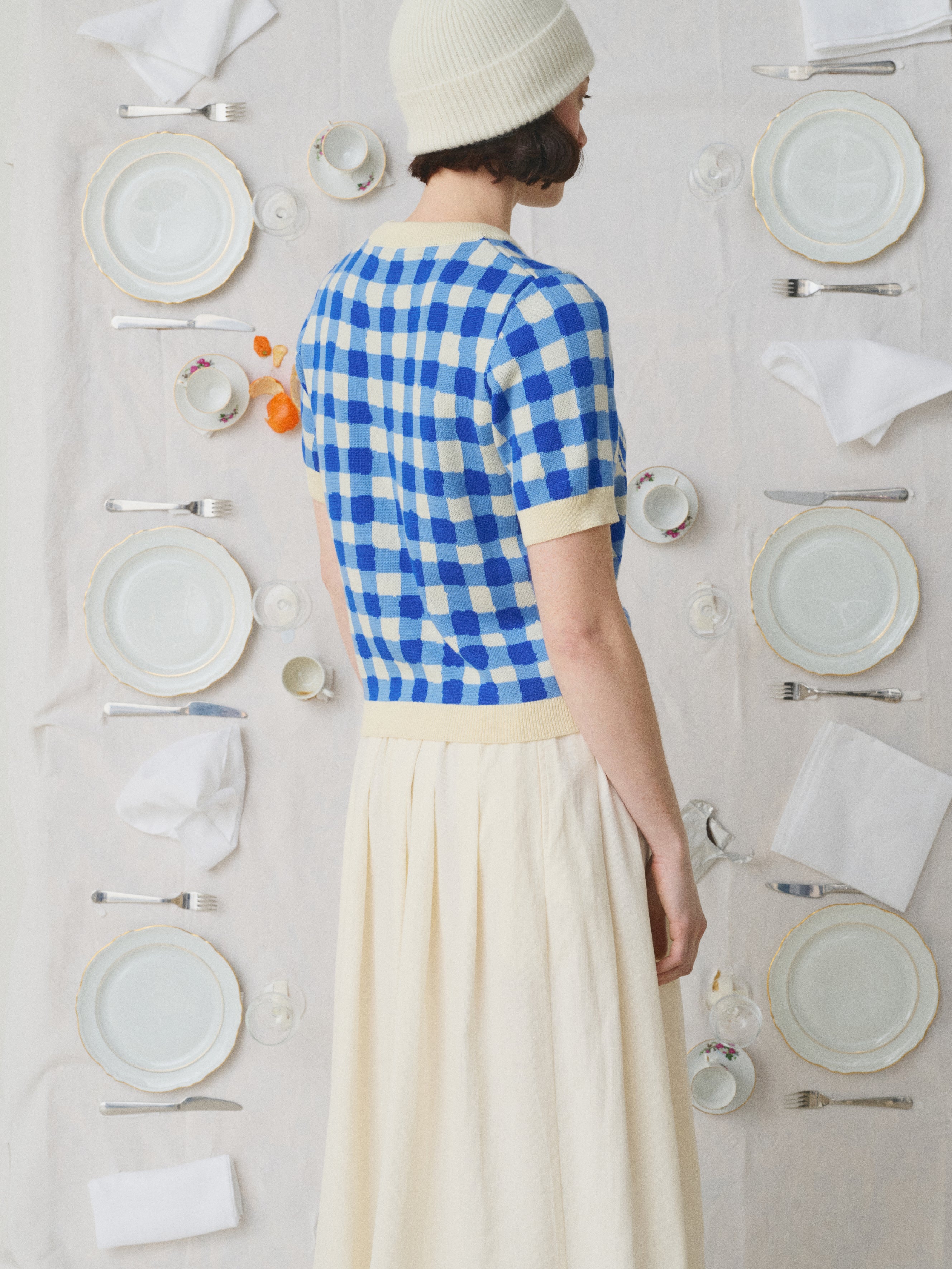 Mii à table Axelle pull laine mérinos vichy bleu