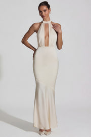 Oh Polly Desiree robe longue ivoire dos nu satin