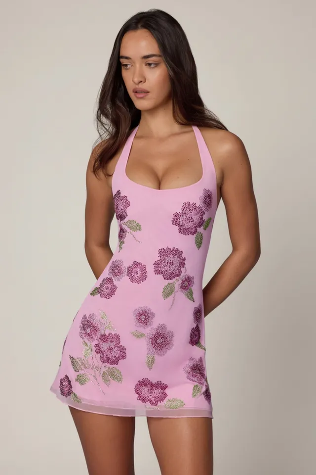 Oh Polly Galene Robe Mini Licou Rose Clair Strass Fleurs