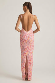 Oh Polly Tavira maxi robe rose sequins corail dos nu
