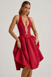 Oh Polly Angelina Robe Midi Licou Rouge True Red Nœuds