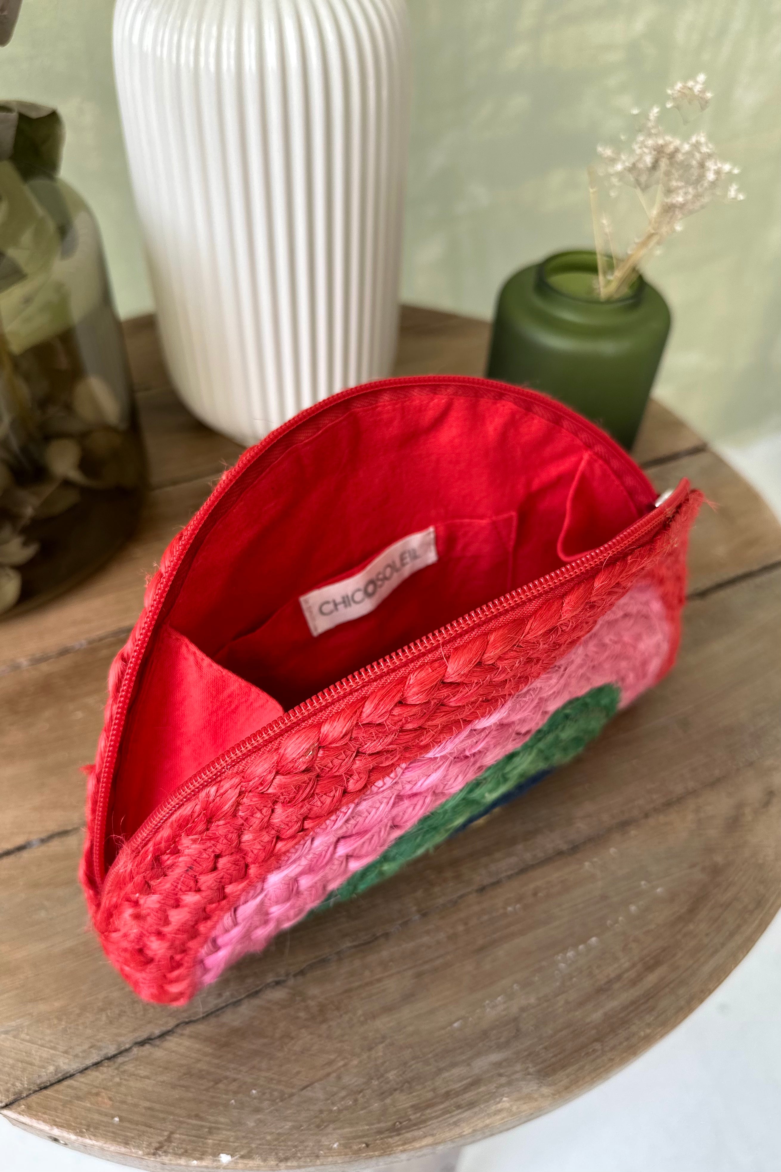 Chicosoleil Luna pochette demi-lune rose jute zippée