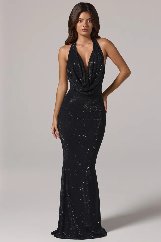 Oh Polly 15493 Robe Longue Femme Noire Strass Dos Nu
