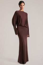 Oh Polly Dresses 15917 robe maxi marron chocolat drapée