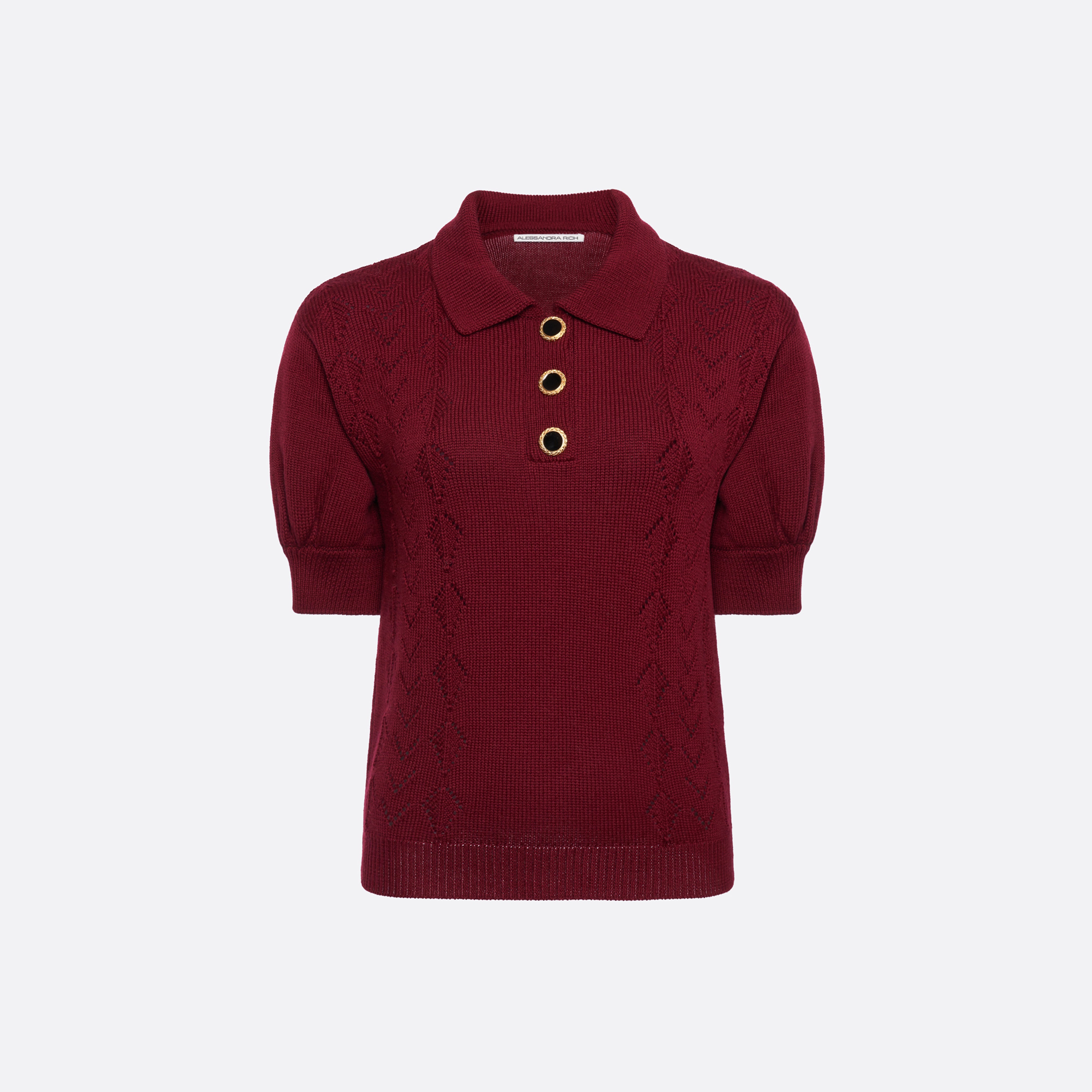 Alessandra Rich Lace-Knit Polo pull bordeaux mérinos