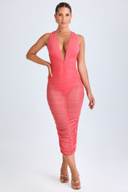 Oh Polly Safira Robe Midaxi Plongeante Corail Ruchée Mesh