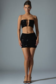 Oh Polly Embellished 12357 mini jupe sequins noir taille haute