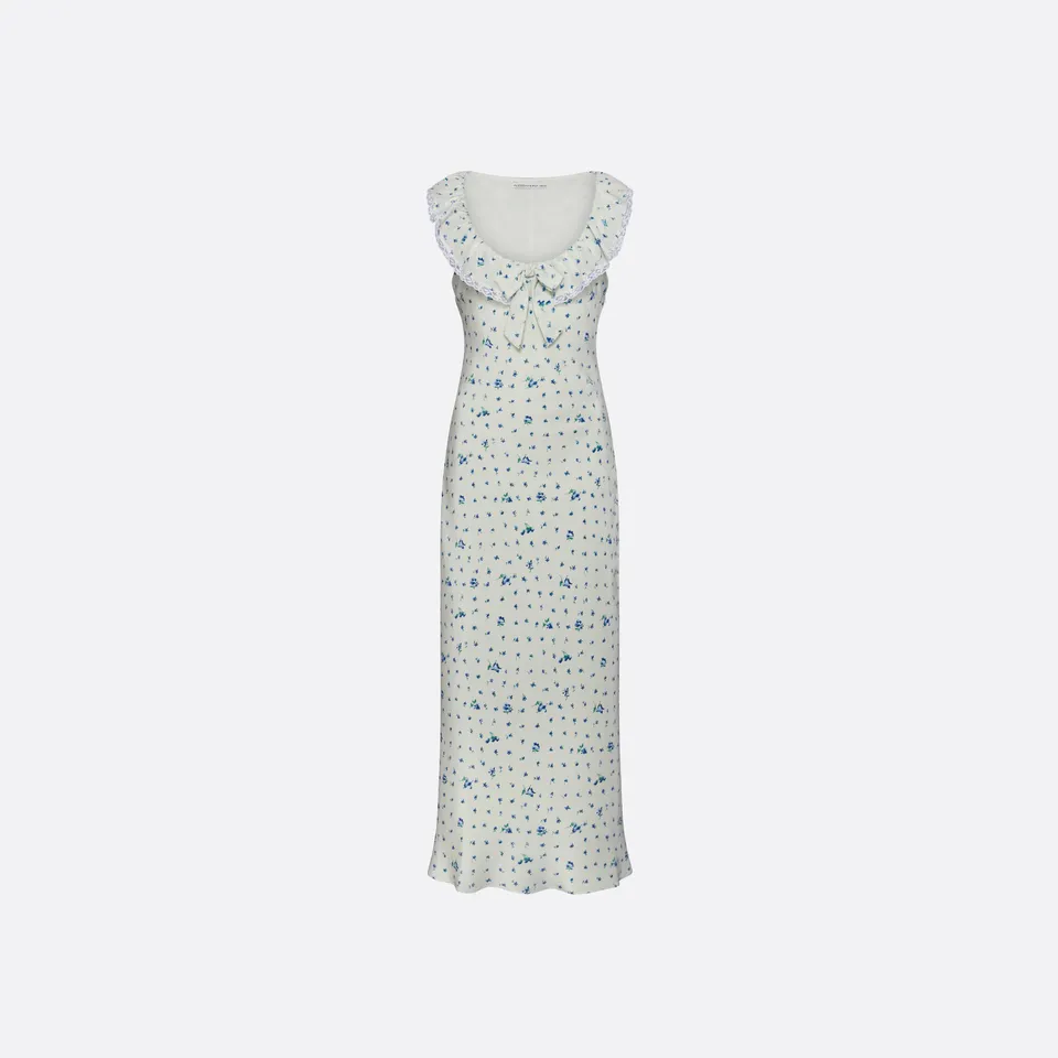 Alessandra Rich Silk Slip Midi robe nuisette bleu aqua floral