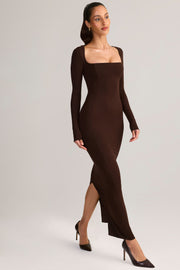 Oh Polly Lux robe longue marron col carré moulante
