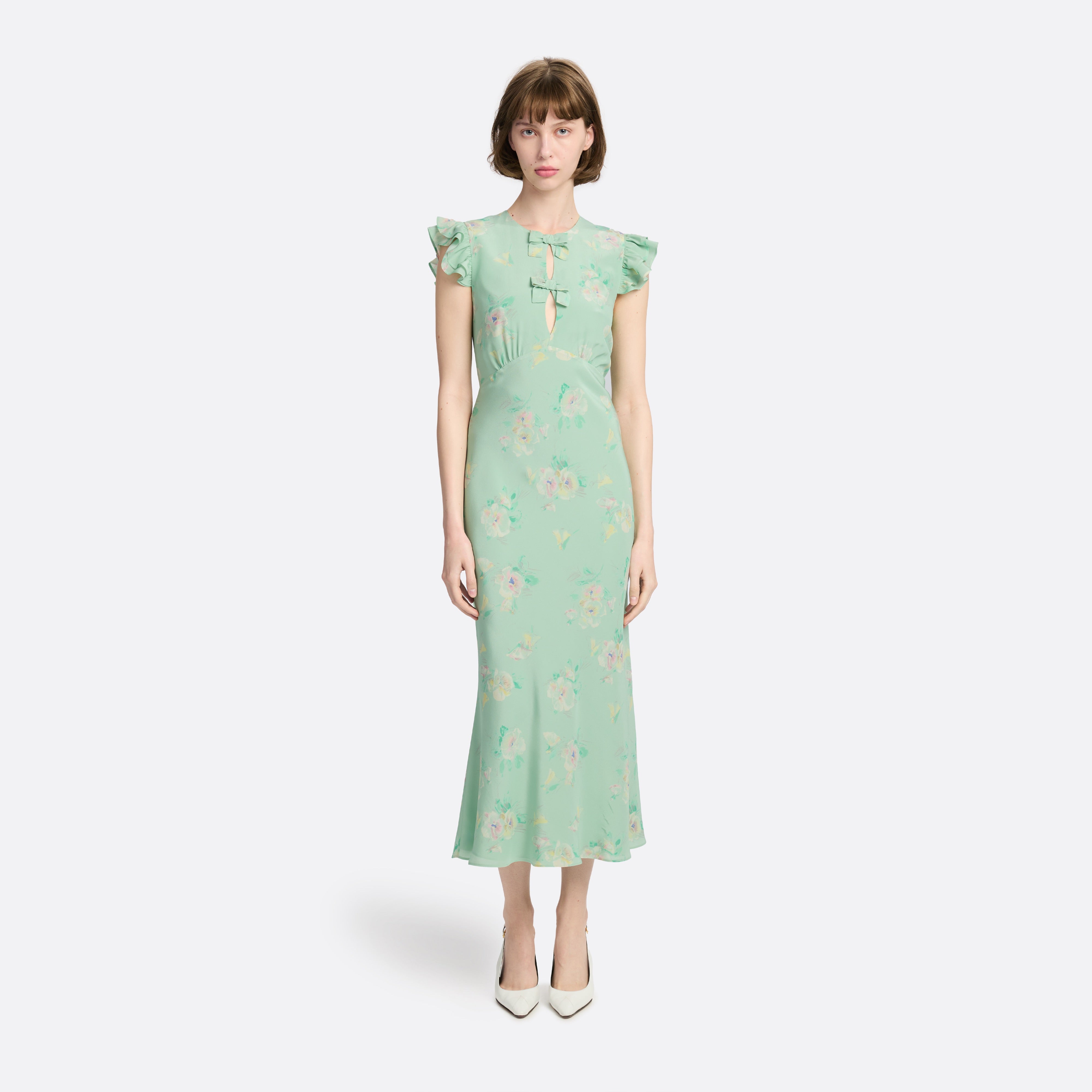 Alessandra Rich Robe midi soie volants vert multi