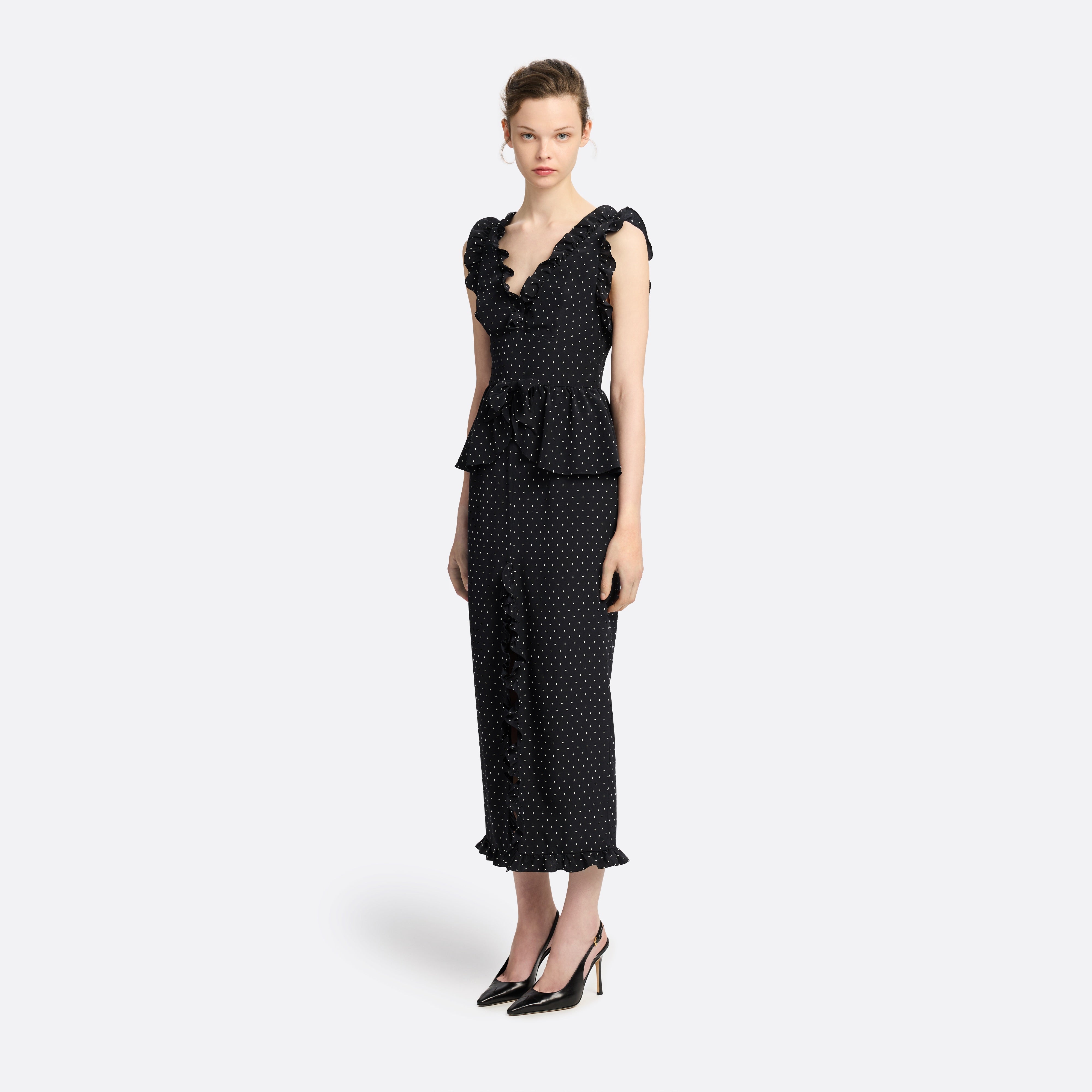 Alessandra Rich Silk Peplum Midi Dress robe noir ivoire 36-46