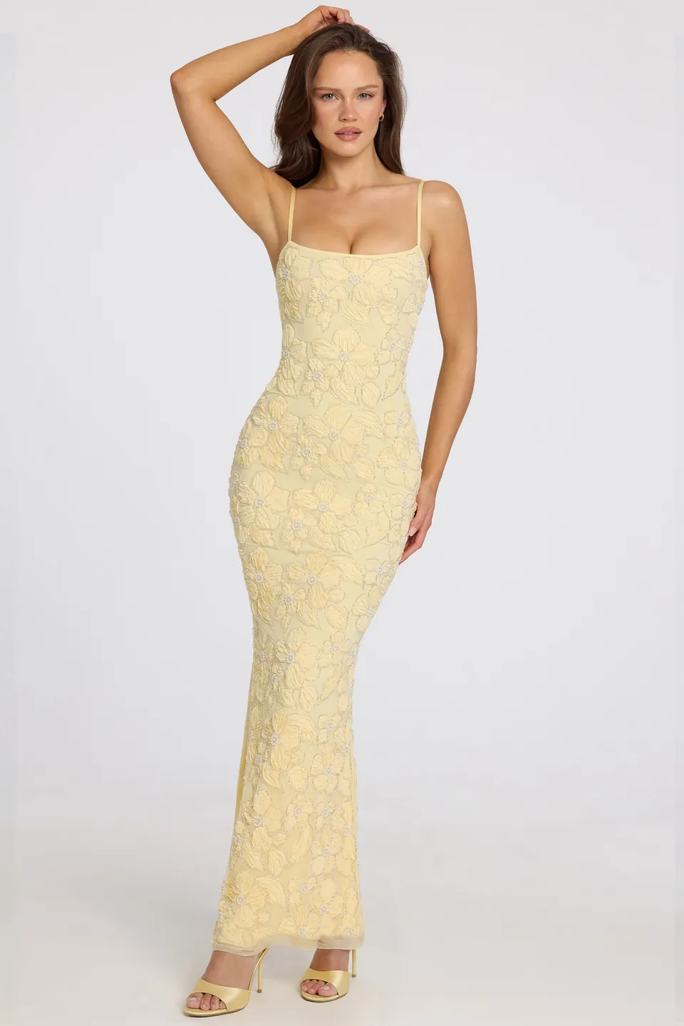 Oh Polly Valora robe maxi jaune beurre perles col carré