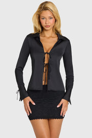 Oh Polly Tops Hettie Chemise Satin Noire Nouée