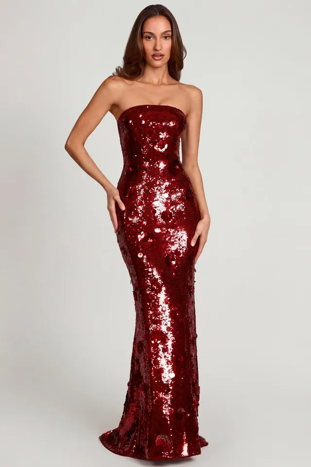 Oh Polly Nottola robe maxi bustier rouge sequins 3D