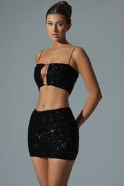 Oh Polly Embellished 12357 mini jupe sequins noir taille haute