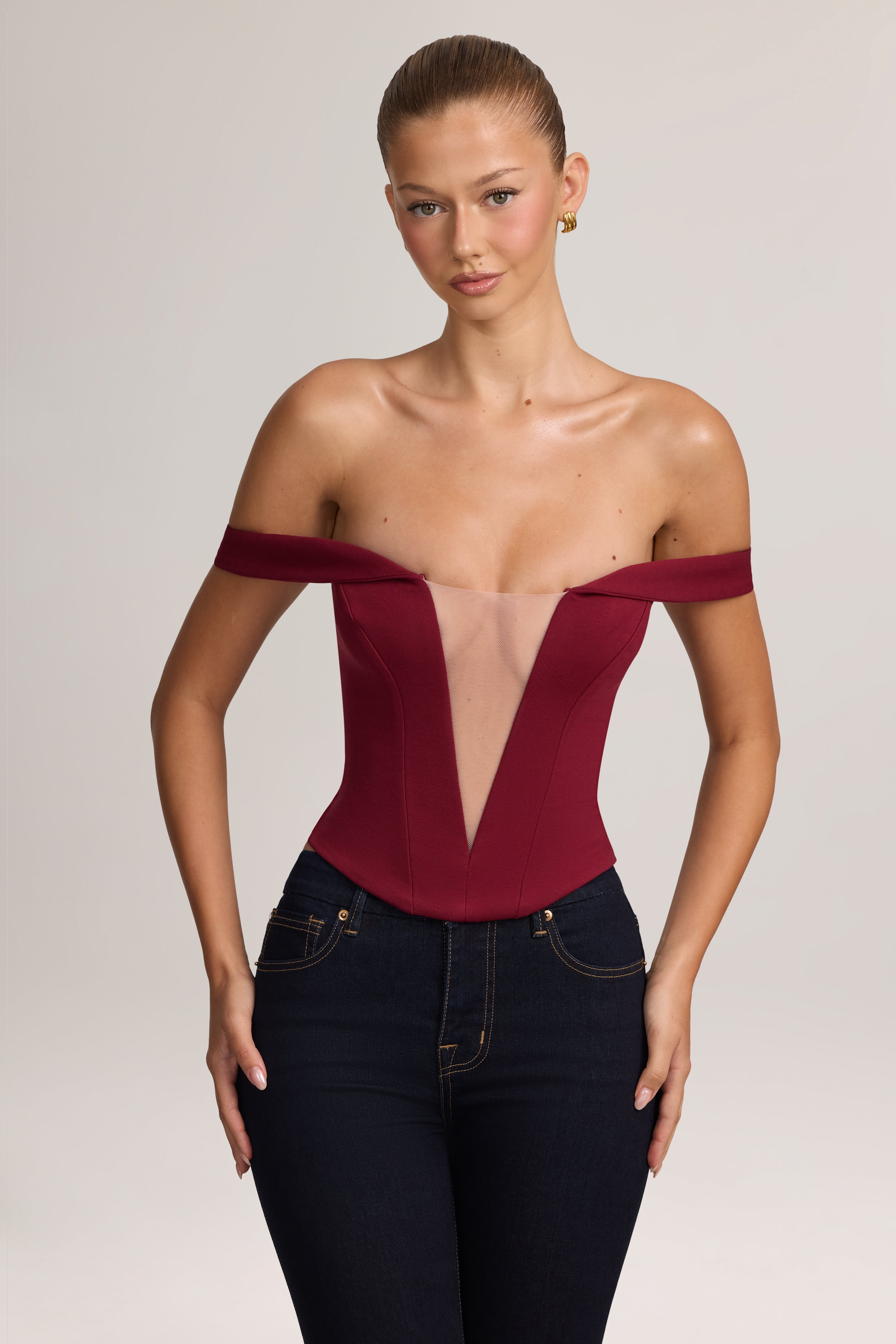 Oh Polly Jenn top corset bardot Wine ponte stretch